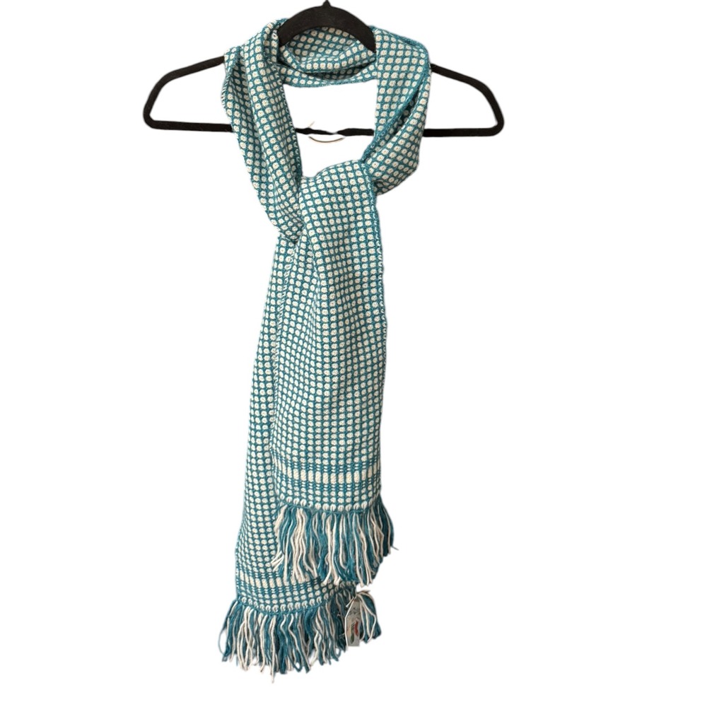 Unbranded 100% Alpaca Wool Knit Scarf Teal Green White Geometric Fringed Winter